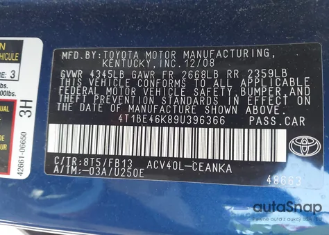 2009 Toyota Camry Le from USA, damaged, VIN 4T1BE46K89U396366